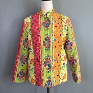 Koret Petite Multicolor Quilted Button Mandarin Jacket PM Whimsical Artsy Bright
